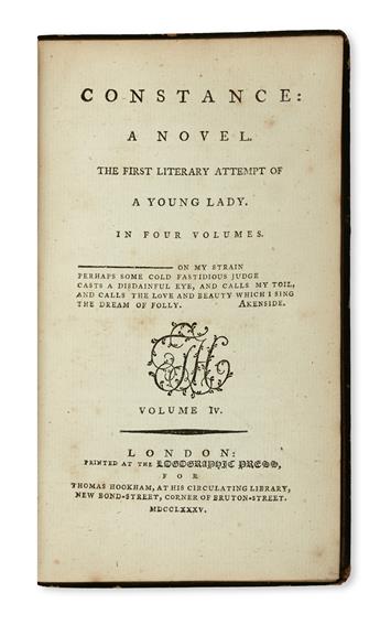 HAWKINS, LAETITIA-MATILDA.  Constance:  A Novel. The First Literary Attempt of a Young Lady.  4 vols.  1785